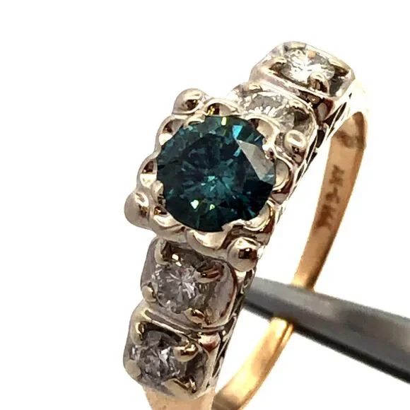 Vintage AM-G 14K Yellow White Gold Blue Diamond White Accented Engagement Ring